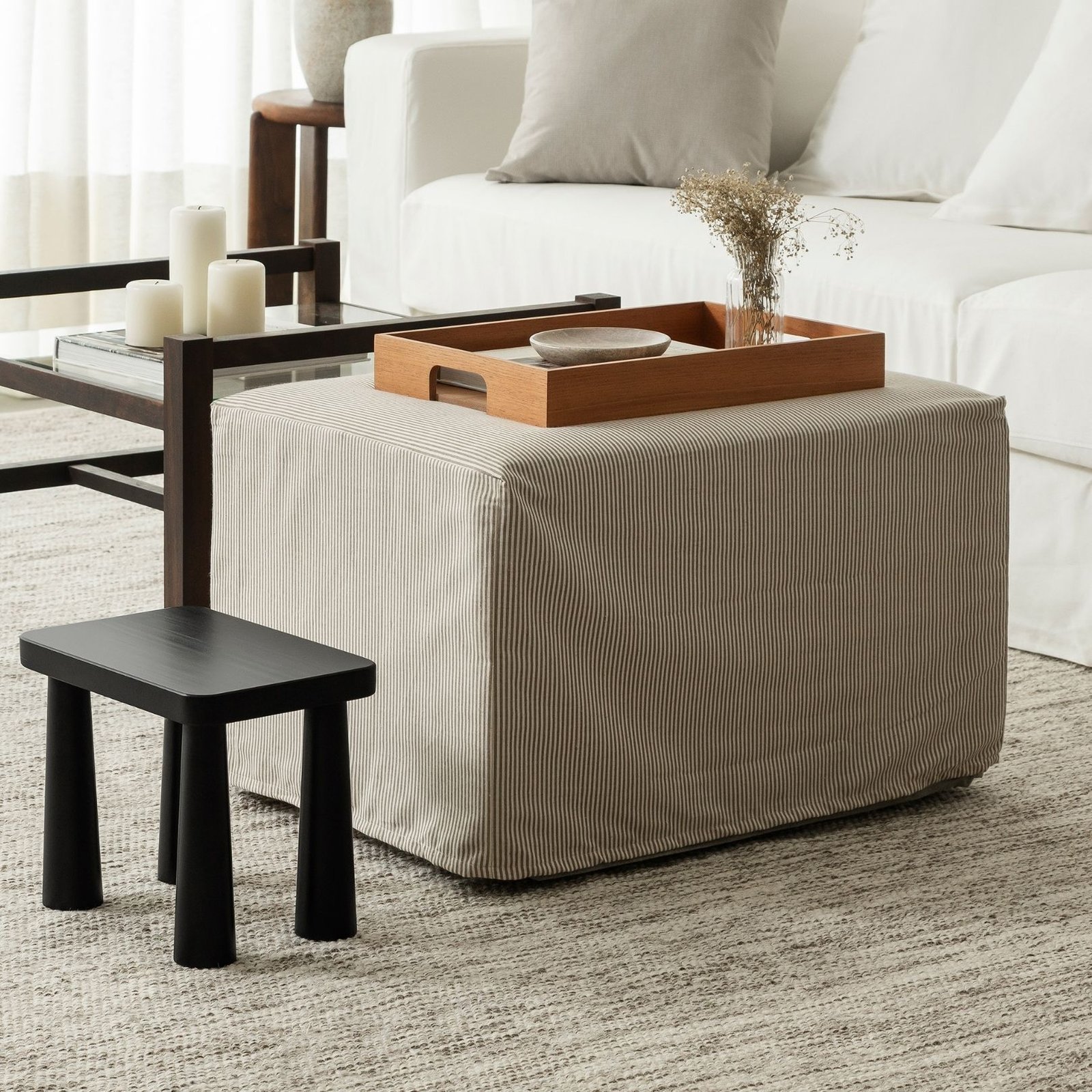 Capa para pufe listras bege