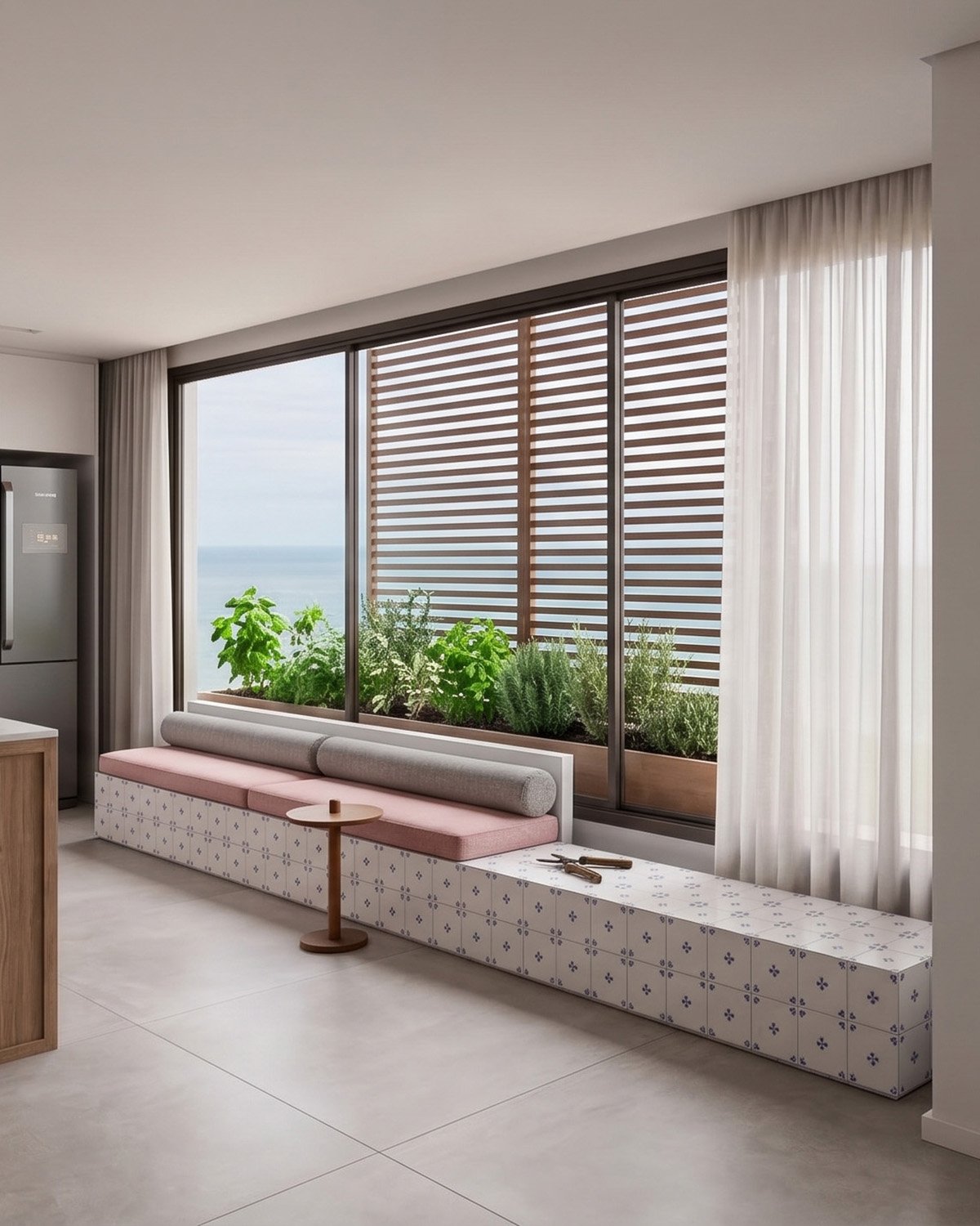 Banco feito sob medida, com revestimento especial e horta ao fundo, na varanda do apartamento.