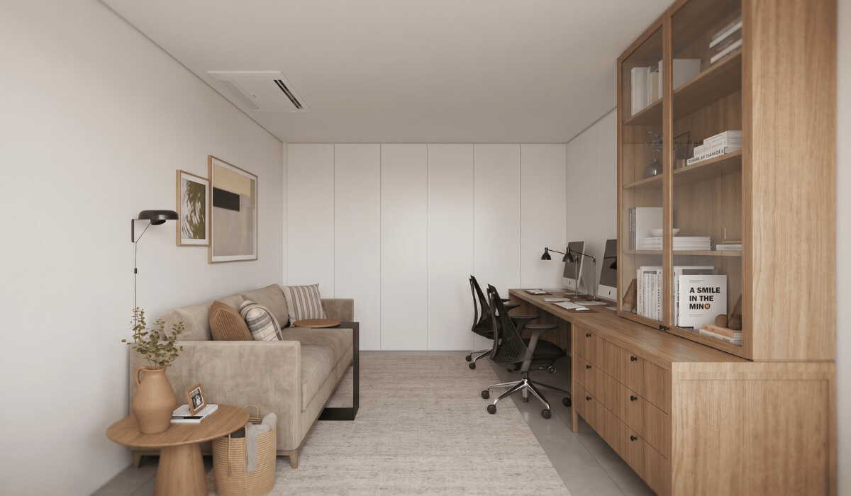 Gif do home office integrado à sala por meio de painéis móveis com sistema camarão que se abrem e se fecham quando necessário.