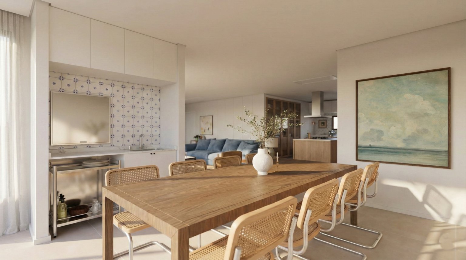 Sala de jantar com área da churrasqueira e integração entre cozinha e living ao fundo em um apartamento de frente para o mar em Itapema.