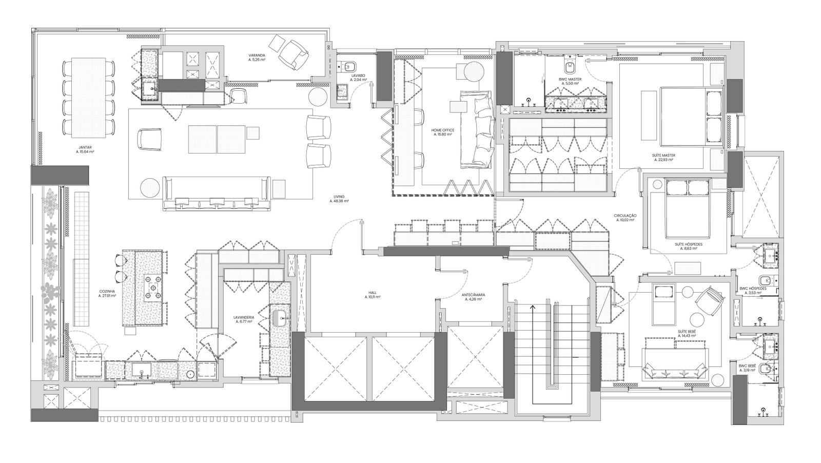 Planta de layout reformulada para melhorar a integração e circulação do ambientes, bem como valorizar a vista do mar.