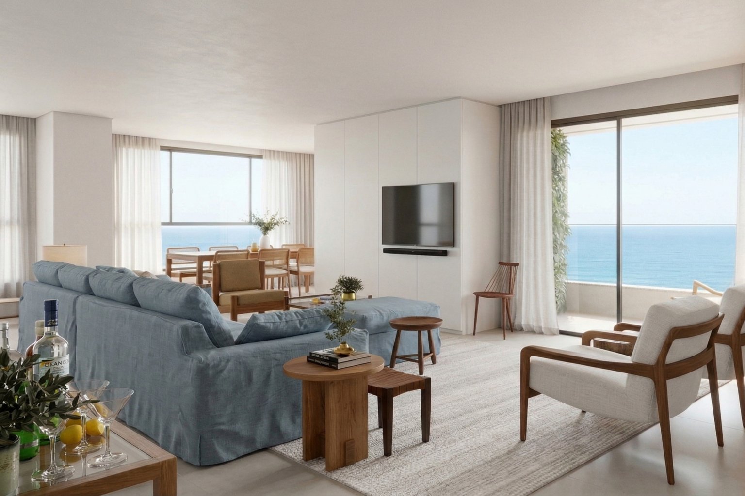 Sala integrada de um apartamento de frente para o mar em Itapema.