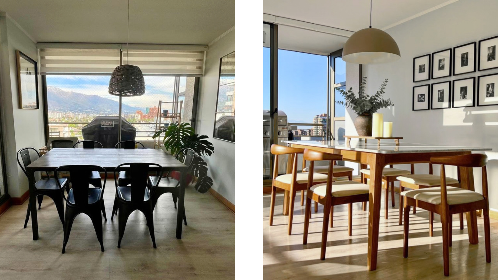Imagem com o antes e o depois de uma sala de jantar de um apartamento alugado.
