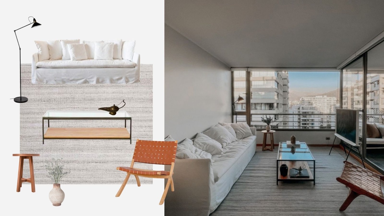 Parte do moodboard feito para uma sala de estar e o resultado depois de a cliente executar as mudanças.