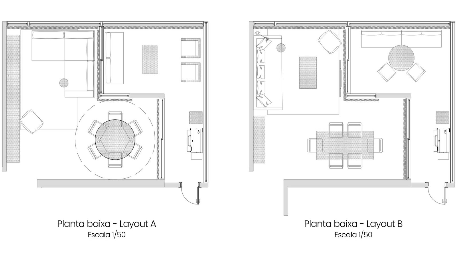 Dois estudos de layout feitos para entender o melhor aproveitamento do espaço.